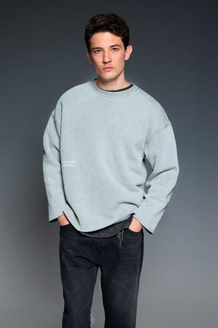 Erkek Yazı Baskılı Oversize Sweatshirt Gri