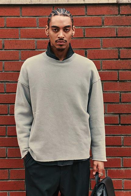 Erkek Yazı Baskılı Oversize Sweatshirt Gri