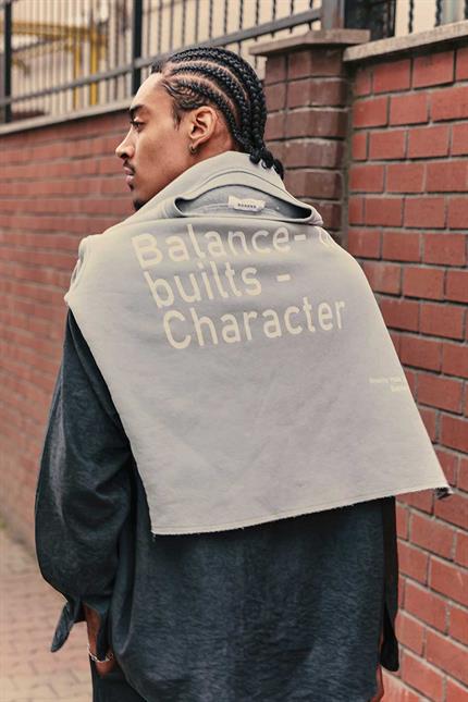 Erkek Yazı Baskılı Oversize Sweatshirt Gri