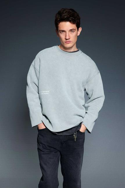 Erkek Yazı Baskılı Oversize Sweatshirt Gri