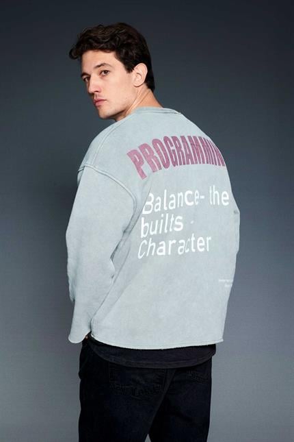 Erkek Yazı Baskılı Oversize Sweatshirt Gri