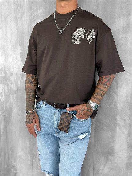Erkek Yelken Desenli Nakışlı Oversize T-Shirt Kahve