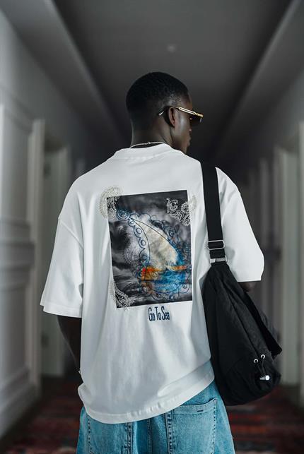 Erkek Yelken Desenli Nakışlı Oversize T-Shirt Beyaz