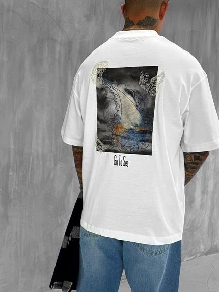Erkek Yelken Desenli Nakışlı Oversize T-Shirt Beyaz