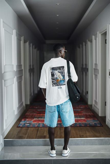Erkek Yelken Desenli Nakışlı Oversize T-Shirt Beyaz