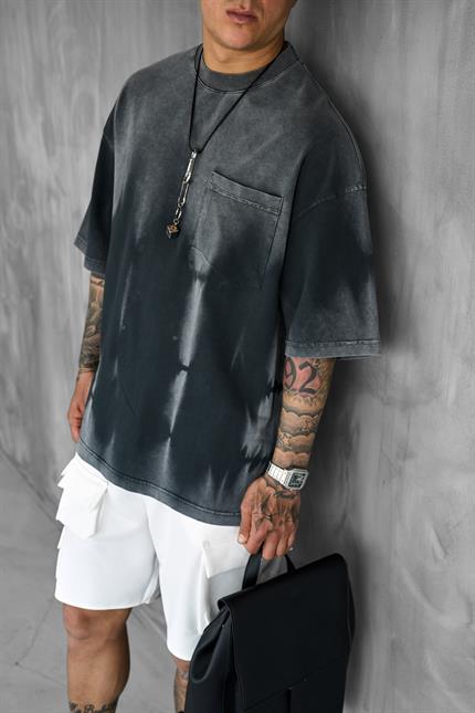 Erkek Yıkama Efektli Oversize T-Shirt Siyah