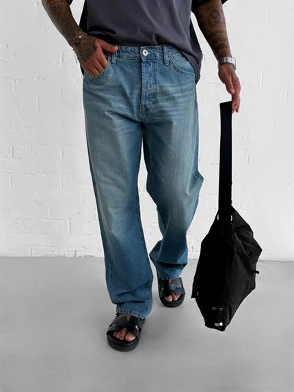 Erkek Yıkamalı Baggy Fit Jean Pantolon Açık Mavi