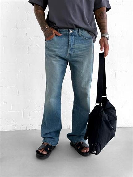 Erkek Yıkamalı Baggy Fit Jean Pantolon Açık Mavi