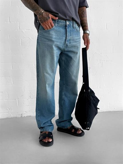 Erkek Yıkamalı Baggy Fit Jean Pantolon Açık Mavi