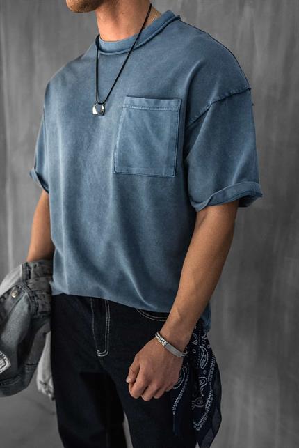 Erkek Yıkamalı Dikiş Detaylı Oversize T-Shirt Mavi