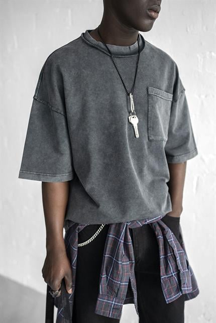 Erkek Yıkamalı Dikiş Detaylı Oversize T-Shirt Siyah