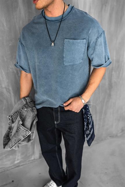 Erkek Yıkamalı Dikiş Detaylı Oversize T-Shirt Mavi