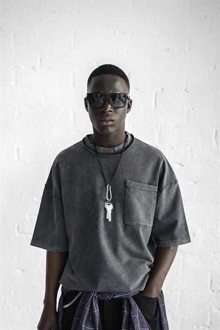 Erkek Yıkamalı Dikiş Detaylı Oversize T-Shirt Siyah