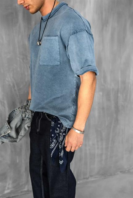 Erkek Yıkamalı Dikiş Detaylı Oversize T-Shirt Mavi