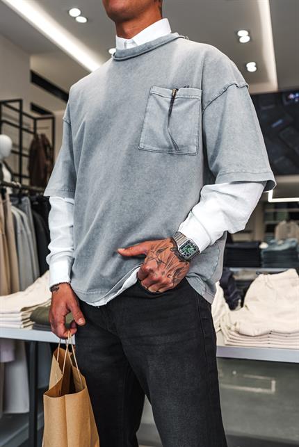Erkek Yıkamalı Dikiş Detaylı Oversize T-Shirt Gri