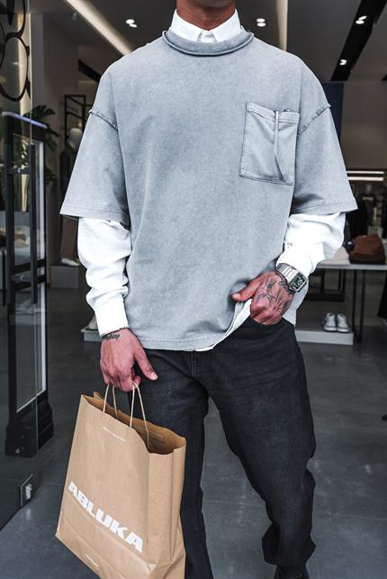 Erkek Yıkamalı Dikiş Detaylı Oversize T-Shirt Gri