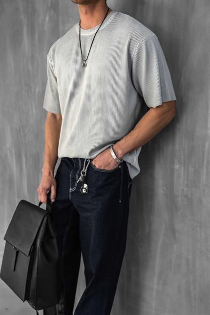 Erkek Yıkamalı Fitilli Oversize T-Shirt Gri