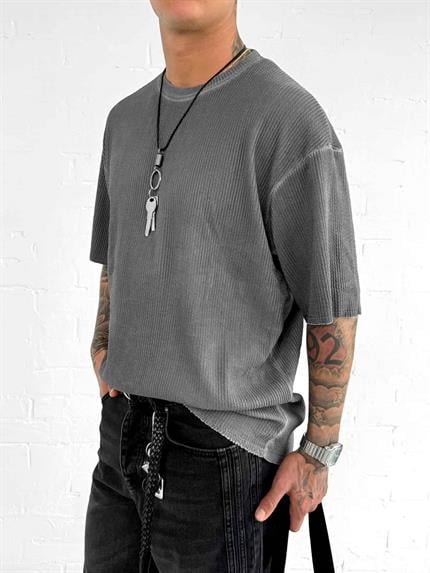 Erkek Yıkamalı Fitilli Oversize T-Shirt Siyah