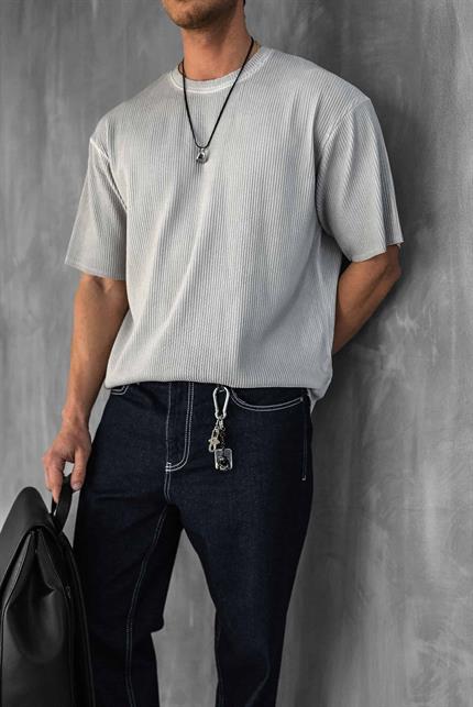 Erkek Yıkamalı Fitilli Oversize T-Shirt Gri