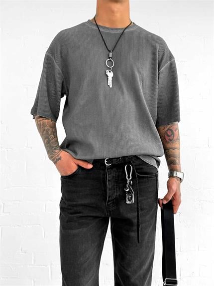 Erkek Yıkamalı Fitilli Oversize T-Shirt Siyah