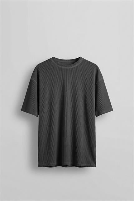 Erkek Yıkamalı Fitilli Oversize T-Shirt Siyah