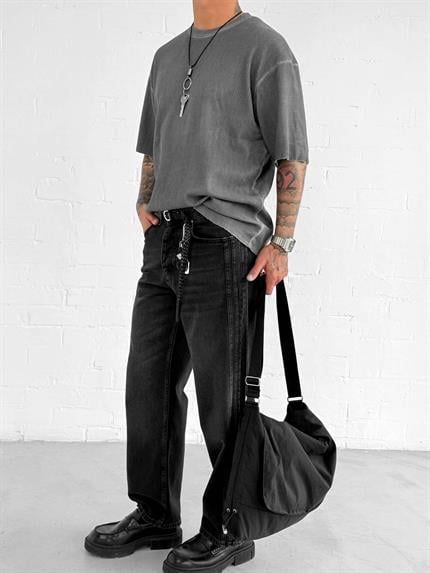 Erkek Yıkamalı Fitilli Oversize T-Shirt Siyah