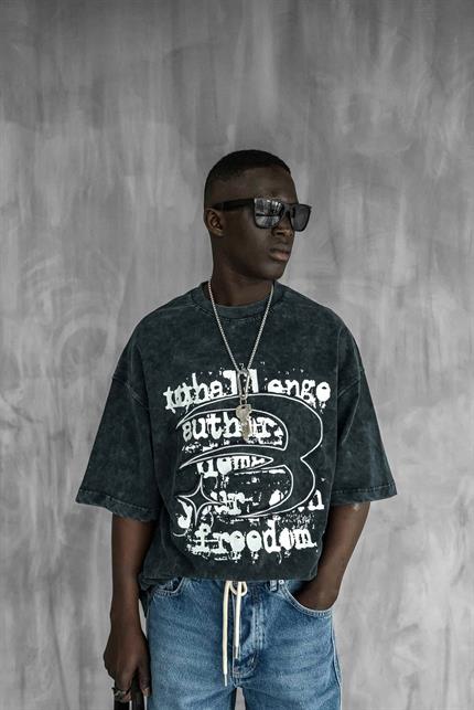 Erkek Yıkamalı İşlemeli Oversize Baskılı Premium T-Shirt Siyah