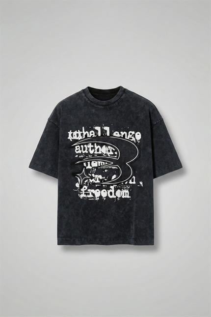 Erkek Yıkamalı İşlemeli Oversize Baskılı Premium T-Shirt Siyah