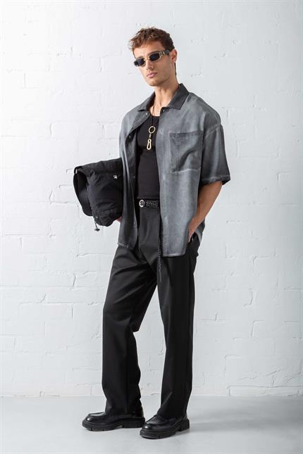 Erkek Yıkamalı Kısa Kollu Oversize Tensel Gömlek Siyah