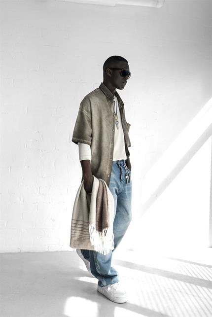 Erkek Yıkamalı Kısa Kollu Oversize Tensel Gömlek Kahverengi