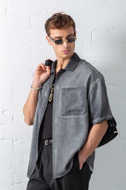 Erkek Yıkamalı Kısa Kollu Oversize Tensel Gömlek Siyah