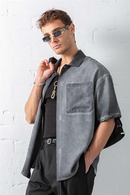 Erkek Yıkamalı Kısa Kollu Oversize Tensel Gömlek Siyah