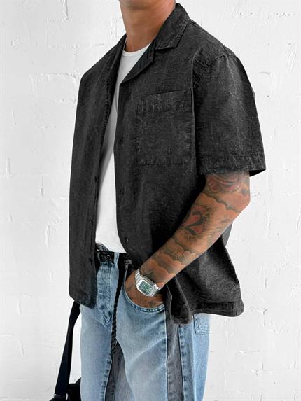 Erkek Yıkamalı Küba Yaka Oversize Kısa Kollu Gömlek Siyah