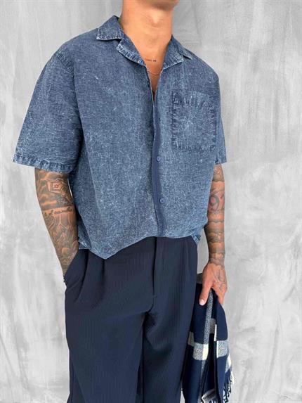 Erkek Yıkamalı Küba Yaka Oversize Kısa Kollu Gömlek Lacivert