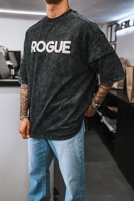 Erkek Yıkamalı Nakışlı Oversize T-Shirt Siyah