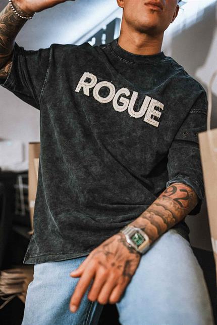 Erkek Yıkamalı Nakışlı Oversize T-Shirt Siyah