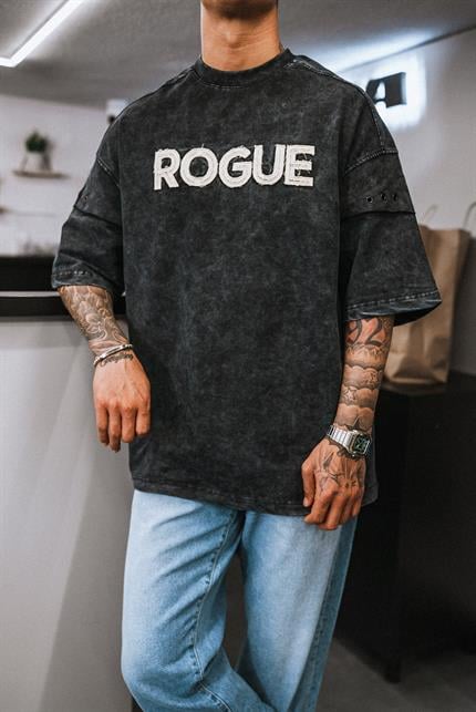 Erkek Yıkamalı Nakışlı Oversize T-Shirt Siyah