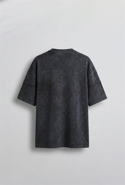 Erkek Yıkamalı Nakışlı Oversize T-Shirt Siyah