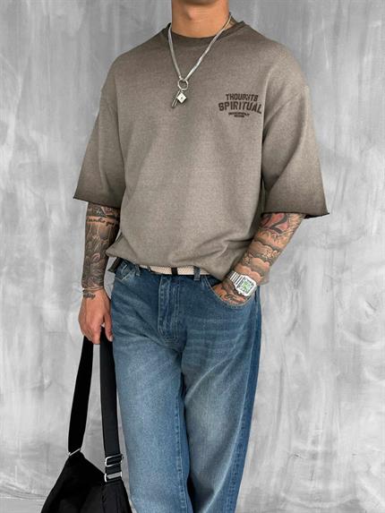 Erkek Yıkamalı Oversize T-Shirt Kahve