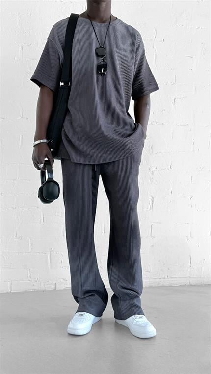 Erkek Fitilli Yıkamalı Renk Geçişli Oversize T-Shirt Antrasit Beyaz