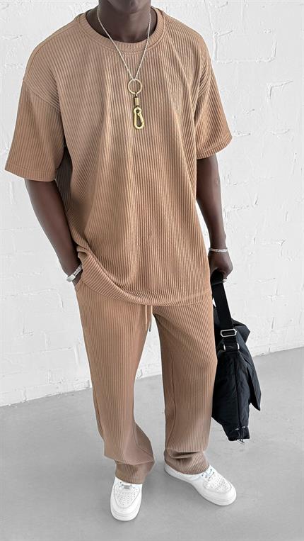 Erkek Fitilli Yıkamalı Renk Geçişli Oversize T-Shirt Kahve Beyaz