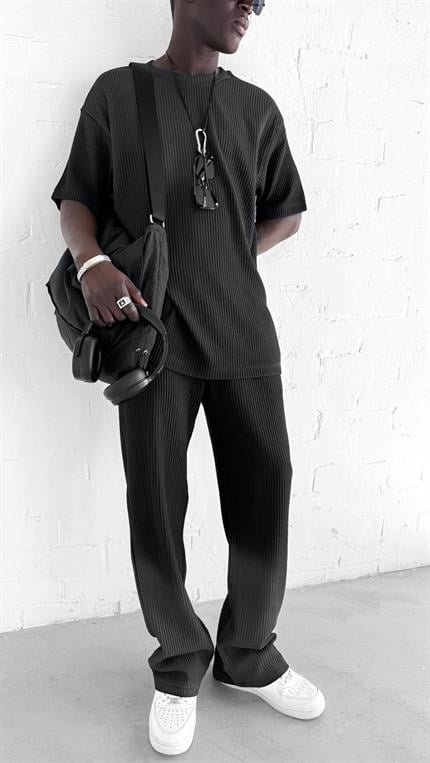 Erkek Fitilli Yıkamalı Renk Geçişli Oversize T-Shirt Siyah Beyaz