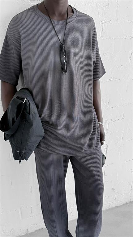 Erkek Fitilli Yıkamalı Renk Geçişli Oversize T-Shirt Antrasit Beyaz