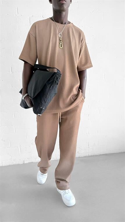 Erkek Fitilli Yıkamalı Renk Geçişli Oversize T-Shirt Kahve Beyaz