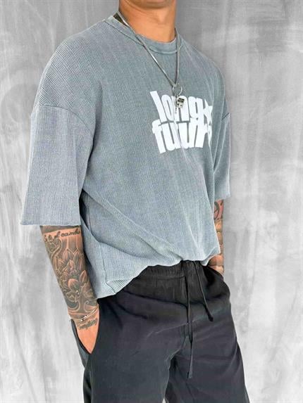 Erkek Yıkamalı Ribana Kumaş Oversize T-Shirt Gri