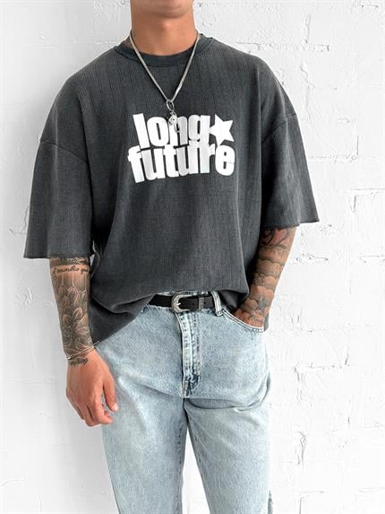 Erkek Yıkamalı Ribana Kumaş Oversize T-Shirt Siyah