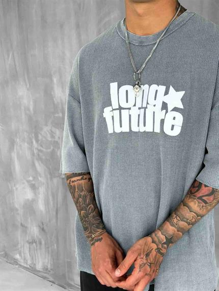Erkek Yıkamalı Ribana Kumaş Oversize T-Shirt Gri