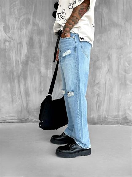 Erkek Yırtık Detaylı Baggy Fit Jean Açık Mavi