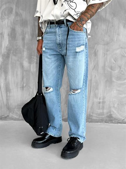 Erkek Yırtık Detaylı Baggy Fit Jean Açık Mavi