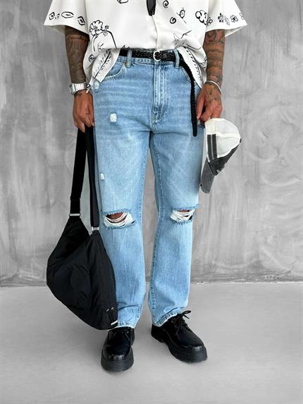 Erkek Yırtık Detaylı Baggy Fit Jean Açık Mavi